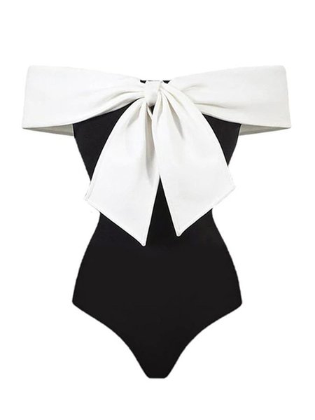 Elegant Bow Boat Neck Plain One-Piece, One-Pieces, color:Black|size:XXL, Stylewe