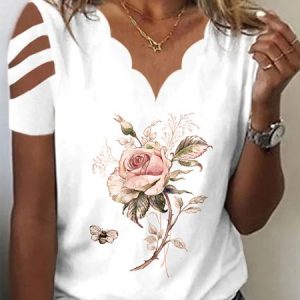 Elegant Regular Fit Floral V Neck T-Shirt, T-Shirts, color:White|size:XXL, JustFashionNow