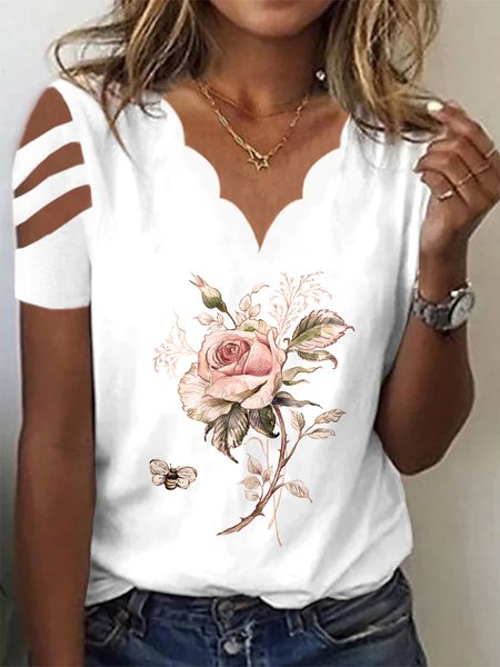 Elegant Regular Fit Floral V Neck T-Shirt, T-Shirts, color:White|size:XXL, JustFashionNow