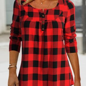 Women Christmas Plaid Loose Crew Neck Red Plaid Tunic Top, T-Shirts, color:Red|size:XXL, JustFashionNow