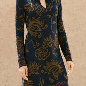 Women Ethnic Notched Long Sleeve Comfy Boho Midi Dress, Dresses, color:Purplish blue|size:XXL, Noracora
