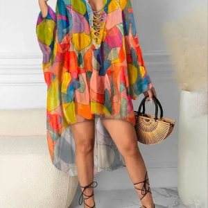 Loose Vacation Colorblock Crew Neck Dress, Midi Dresses, color:Orange|size:XXL, Stylewe