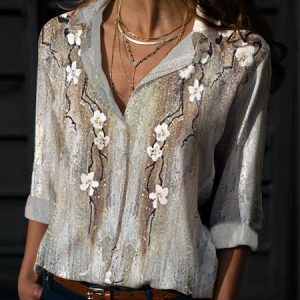 Casual Floral Shawl Collar Blouse, Shirts & Blouses, color:Light Gray|size:XXL, JustFashionNow