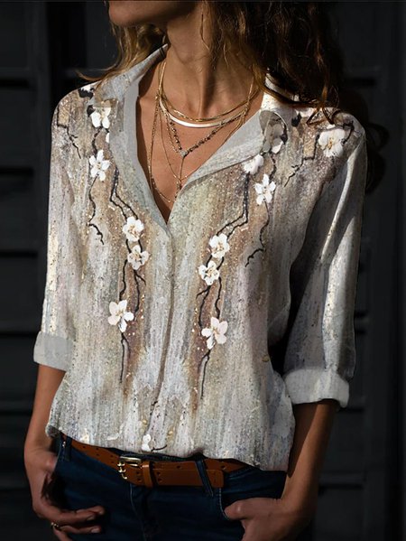 Casual Floral Shawl Collar Blouse, Shirts & Blouses, color:Light Gray|size:XXL, JustFashionNow