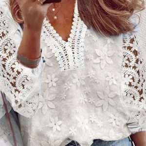 Women White Elegant Floral Hollow Out Lace Cotton Linen Long Sleeve Blouse, Blouses & Shirts, Roselinlin - Online Catalog