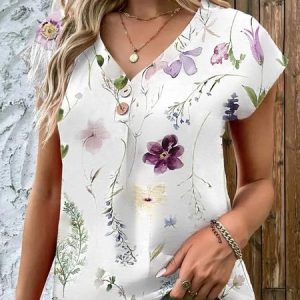 Casual Loose Floral V Neck Shirt, Shirts & Blouses, color:White|size:XXL, JustFashionNow