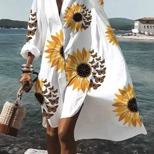 Shirt Collar Loose Casual Floral Long Sleeve Midi Dress, Midi Dresses, color:Yellow|size:XXL, Stylewe