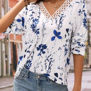 Floral Regular Fit Casual V Neck T-Shirt, T-Shirts, color:White|size:XXL, JustFashionNow