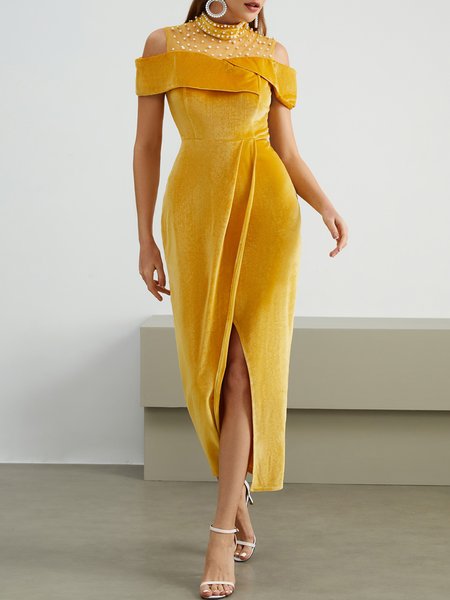 Tight Elegant Beaded Party Dress, Maxi Dresses, color:Yellow|size:XXL, Stylewe