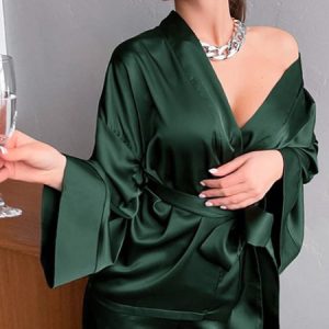 Simple Others Satin Pajama Set, Loungewear & Sleepwear, color:darkgreen|size:3XL, JustFashionNow