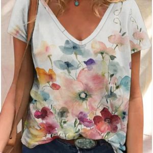 Women's Flower Art Print Casual Regular Fit T-Shirt, T-shirts, Lilicloth.com