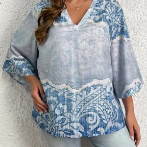 Plus Size Loose Ethnic Ethnic V Neck T-Shirt, T-Shirts, color:Blue|size:4X, JustFashionNow