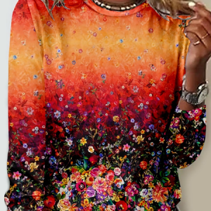 Women's Simple Floral Crew Neck Long Sleeve Shirt, color:Coral|size:3XL, Lilicloth.com