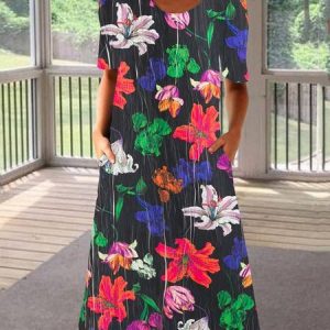 Women's Casual Floral Half Sleeve Midi Dresses Beach Vacation Boho Clothing, Dresses, color:Black|size:XXL, JustFashionNow