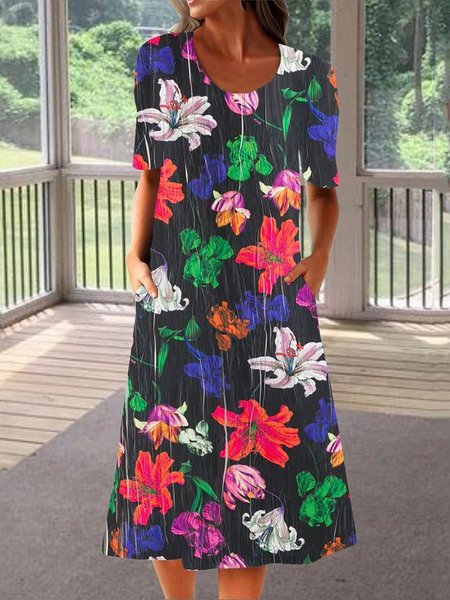 Women's Casual Floral Half Sleeve Midi Dresses Beach Vacation Boho Clothing, Dresses, color:Black|size:XXL, JustFashionNow