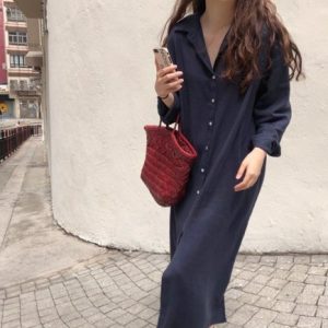 Casual Plain Loose Cotton Dress, Maxi, color:Navy Blue|size:XXL, Noracora