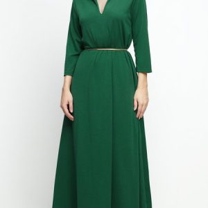 Three Quarter Plain Simple V Neck Maxi Dress, Dresses, color:Green|size:XS, Stylewe