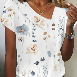 Floral Casual Asymmetrical Loose Shirt, Shirts & Blouses, color:White|size:XXL, JustFashionNow