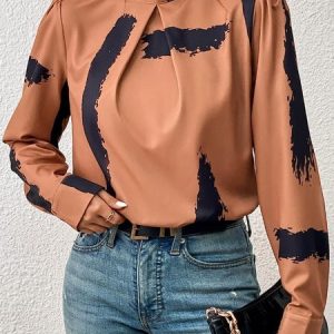 Urban Abstract Stand Collar Long Sleeve Blouse, Blouses and Shirts, color:Brown|size:XXL, Stylewe