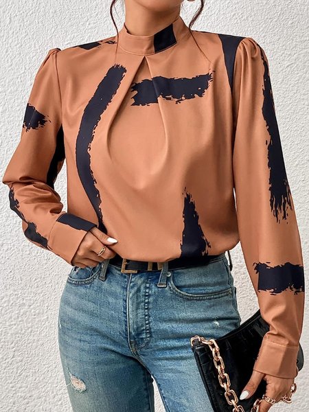 Urban Abstract Stand Collar Long Sleeve Blouse, Blouses and Shirts, color:Brown|size:XXL, Stylewe
