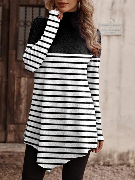Half Turtleneck Asymmetric Striped Casual T-Shirt, T-Shirts, color:Black|size:XXL, JustFashionNow