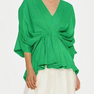 Elegant Plain Loose V Neck Shirt, Blouses and Shirts, color:Green|size:XXL, Stylewe