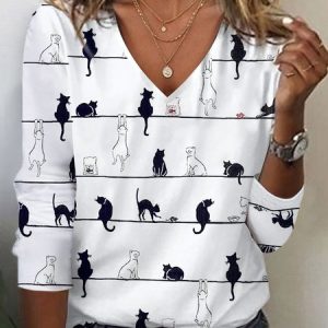 Cat Casual V Neck Knitted T-Shirt, T-Shirts, color:White|size:XXL, JustFashionNow