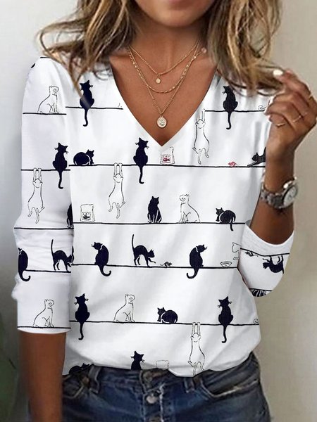 Cat Casual V Neck Knitted T-Shirt, T-Shirts, color:White|size:XXL, JustFashionNow