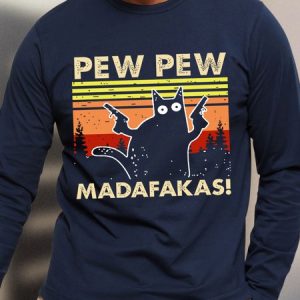 Men's Pew Pew Madafakas Cat Funny Graphic Print Loose Text Letters Cotton Vintage Top, color:Dark Blue|size:3XL, Lilicloth.com