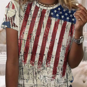 Women's American Flag Print Casual T-Shirt, color:Khaki|size:3XL, Lilicloth.com