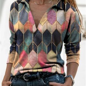 Shirt Collar Casual Cotton-Blend Abstract Long Sleeve Top, T-Shirts, color:As Picture|size:3XL, JustFashionNow