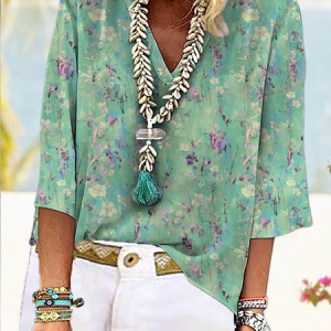 Floral Casual V Neck Top, Shirts & Blouses, color:Green|size:XXL, JustFashionNow