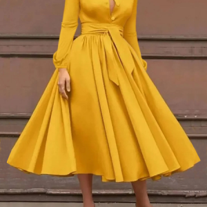 Regular Fit Crew Neck Long Sleeve Plain Elegant Dress With Belt, Midi Dresses, color:Yellow|size:XXL, Stylewe