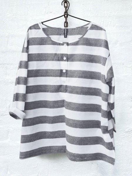 Linen Half Open Collar Cotton And Linen Buttoned chambray distressed patchwork top, Shirts & Blouses, color:Deep Gray|size:XXL, JustFashionNow