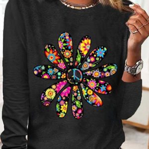 Women's Sunflower Crew Neck Simple Long Sleeve Top, color:Black|size:3XL, Lilicloth.com