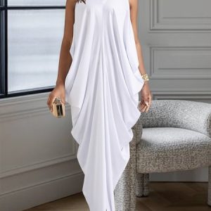 Daily Plain Elegant V Neck Regular Fit Dress, Maxi Dresses, color:White|size:XXL, Stylewe