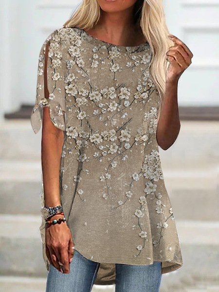Floral Casual Loose Knitted Shirt, Shirts & Blouses, color:Khaki|size:XXL, JustFashionNow