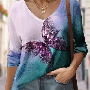 Knitted V Neck Casual Butterfly T-Shirt, T-Shirts, color:Purple|size:XXL, JustFashionNow