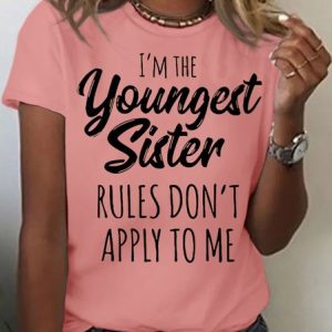 Women's youngest sister Funny Letters Casual Crew Neck T-Shirt, color:Pink|size:3XL, Lilicloth.com