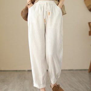 Casual Plain Natural Ankle Pants Straight Pants, Pants, color:White|size:XXL, Noracora