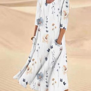 Crew Neck Casual Loose Floral Dress, Dresses, color:White|size:XXL, JustFashionNow