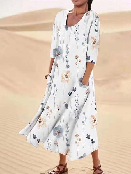 Crew Neck Casual Loose Floral Dress, Dresses, color:White|size:XXL, JustFashionNow