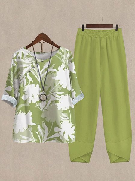 Crew Neck Casual Loose Floral Two-Piece Set, Suit Set, color:Green|size:4X, JustFashionNow