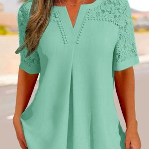 Plus size Casual Plain Lace Shirt, Shirts & Blouses, color:Green|size:4X, JustFashionNow