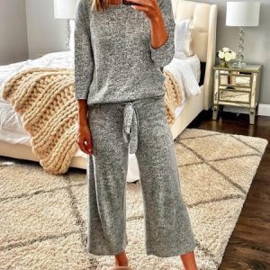 Women Plain Crew Neck Three Quarter Sleeve Comfy Casual Top With Pants Two-Piece Set, Sets, color:Gray|size:3XL, Noracora