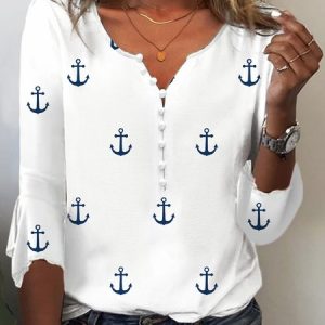 Casual Anchor Notched Shirt, Shirts & Blouses, color:White|size:XXL, JustFashionNow