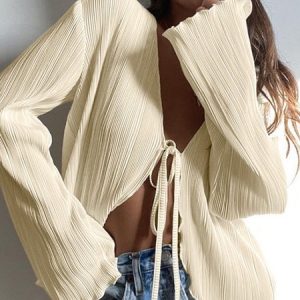 Plain V Neck Casual Regular Fit Shirt, Shirts & Blouses, color:Apricot|size:XXL, JustFashionNow