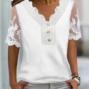 Plain Lace V Neck Casual Shirt, Shirts & Blouses, color:White|size:XXL, JustFashionNow