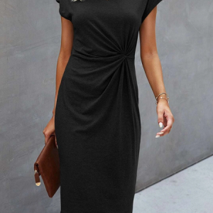 Crew Neck Twist Solid Fitted Dress, Short, color:Black|size:XXL, Noracora
