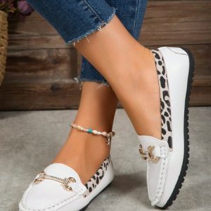 White Leather Stitching Leopard Print Metal Buckle Casual Loafers, Flats, color:White|size:43, JustFashionNow
